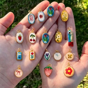 Vintage Copper Gold Plated Enamel Charms Pendant Necklace Colorful Flower Animal Fruit Heart Chain For Women DIY Jewelry