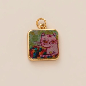 Artistic square gold-plated charm with a colorful hand-painted cat enamel pattern