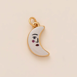 Kawaii crescent moon pendant with white enamel face and gold metal plating for DIY jewelry
