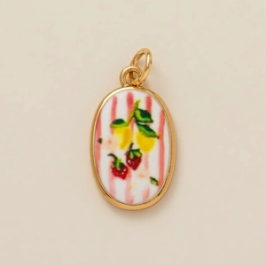 Gold-plated oval pendant with pink stripes and hand-painted fruit pattern for DIY jewelry