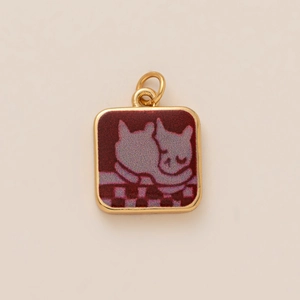 Golden square charm with red enamel and two cats pattern for DIY jewelry making