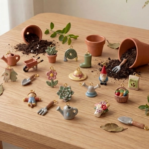 Set detallado de dijes de jardinería en resina colorida con aros dorados sobre madera