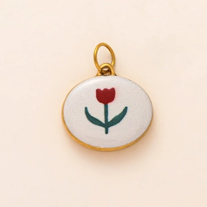 18K gold plated oval tulip pendant with red flower and green leaves for DIY jewelry