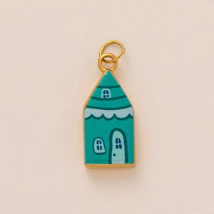 Enamel house pendant with turquoise and blue patterns in a gold-plated oval frame