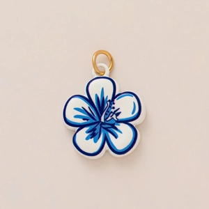 Pendentif fleur d'hibiscus bleu et blanc avec anneau doré pour bijoux DIY