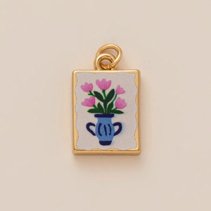 Gold plated rectangular pendant with pink flower and blue vase art painting charm