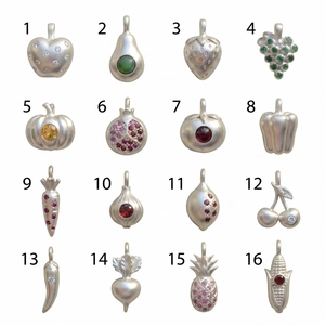 Detailed grid of 16 colorful zircon fruit and vegetable pendants with silver plating