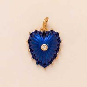 Golden heart pendant with deep blue enamel and central gemstone for DIY jewelry