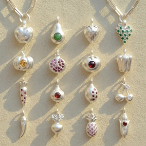 Set of 16 fruit and vegetable pendants in silver with colorful zircon gemstones