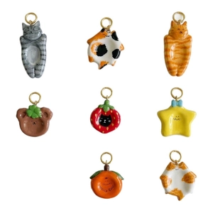 Eight cute ceramic cat bear strawberry charms with 18K gold rings for DIY jewelry making