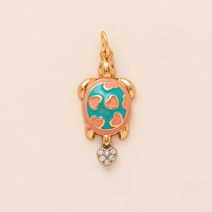 Kawaii golden snail turtle charm with pink enamel heart and mini zircon heart pendant