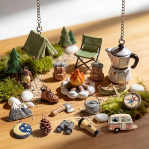 Micro camping charms set with 18K gold plating including tent and binoculars icons