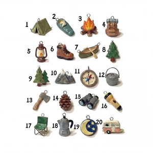 Set of 20 colorful 18K gold plated camping charms including tents and lanterns