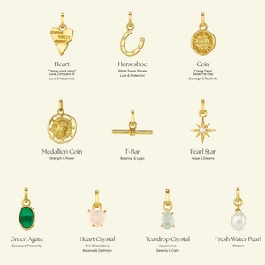 Collection of gold stainless steel heart and coin pendants with natural gemstones