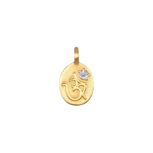 Golden brushed stainless steel oval pendant necklace featuring Om symbol and inset zircon