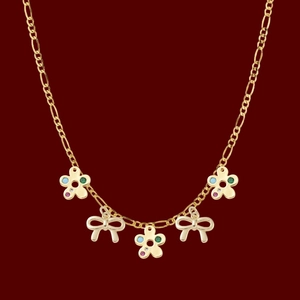 18K gold-plated Figaro chain necklace with colorful gemstone floral and bow pendants