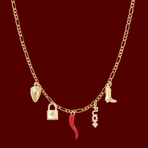 Gold stainless steel Figaro chain necklace with strawberry, lock, pepper and boot charms