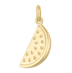 Detailed close-up of 18K gold-plated watermelon slice charm with embossed seed texture