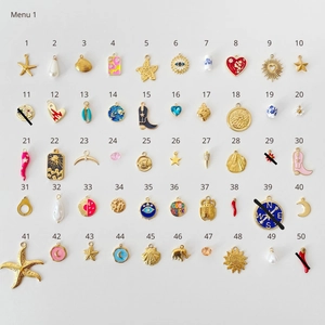 Detailed catalog of 50 assorted gold plated alloy pendants with diverse charm designs