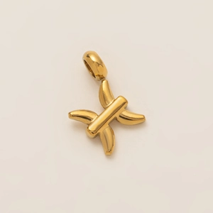 Macro shot of a polished gold Pisces zodiac pendant with smooth metallic finish and bail