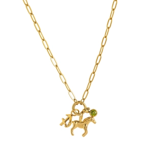 Collana a graffetta placcata oro 18K con ciondolo cavallo, Sagittario e zircone verde