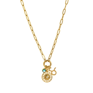 Dettaglio della collana a maglie trombone placcata oro 18K con ciondoli Toro e sole