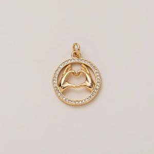 Golden circular heart pendant with paved zircon stones for Valentine's Day gift