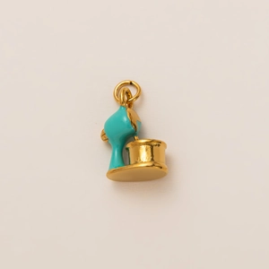 Detailed close-up of a 18K gold-plated kitchen mixer pendant with cyan enamel for DIY jewelry