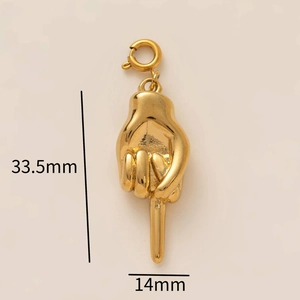 Polished 18K gold-plated stainless steel middle finger pendant, 33.5mm height dimension