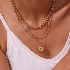 Three-layer 18K gold plated stainless steel layered necklace with sun disk pendant