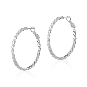 Detail of twisted spiral texture on large silver hoop earrings with a secure clasp