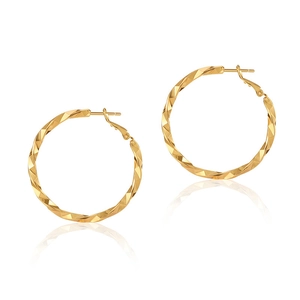 Polished 18K gold plated twisted hoop earrings with elegant textured surface on white backdrop