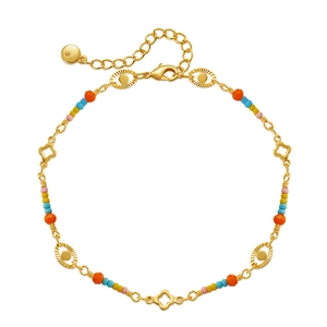 Tobillera bohemia dorada con cuentas de colores y detalle de trébol de cuatro hojas