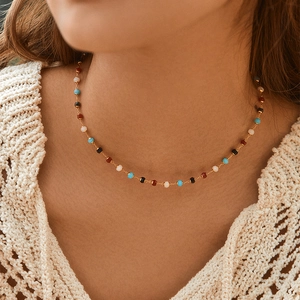 Handmade acrylic bead necklace with 18K gold plated brass chain on model
