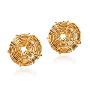 Handcrafted geometric circular stud earrings with 18K gold plating and wire-wrapped design