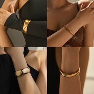 Minimalist Alloy Metal Bangle For Women Geometric Hinged Gold Silver Polished Smooth Wide Cuff Bracelet Jewelry Accessory