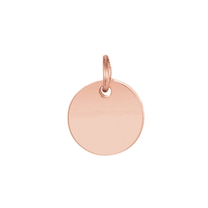 Polished rose gold stainless steel round pendant with connecting ring on white background