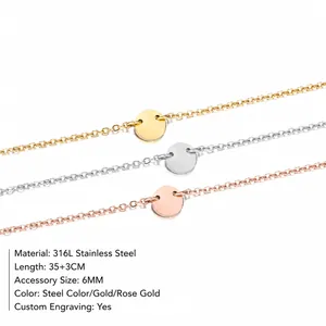 Collares minimalistas de acero inoxidable 316L en oro, plata y rosa con colgante redondo
