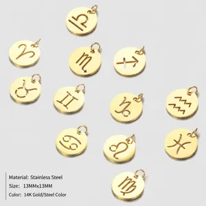 Hollow stainless steel zodiac constellation pendants for DIY jewelry crafting in 14K gold