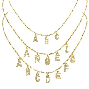 Customized gold stainless steel initial pendant necklace with sparkling crystal inlay