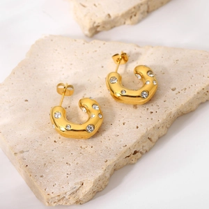 18K gold plated stainless steel chunky C-shaped hoop earrings with zircon stones