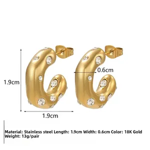 18K gold plated stainless steel C-shaped hoop earrings with hammered texture and cubic zirconia