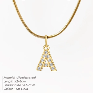 14K gold plated stainless steel letter A pendant necklace with white zircon snake chain