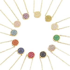 Stainless steel birthstone necklaces with circular pave crystal pendants in 12 colors