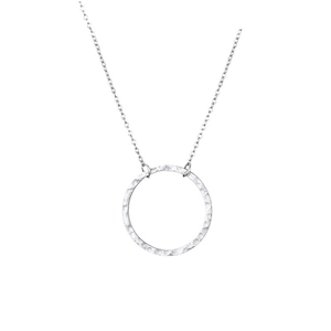 Minimalist stainless steel necklace featuring a round pendant with hammered lava texture