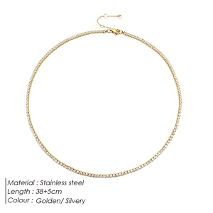 Gold-plated stainless steel tennis necklace with white zircons on a white background