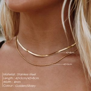 Double-layered stainless steel necklace featuring a flat snake chain and a twisted rope chain