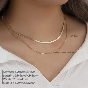 Detailed specs of double-layered stainless steel necklace 38+5cm and 42+8cm golden