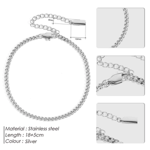 Silbernes Edelstahl-Fußkettchen, 4mm Panzerkette mit Karabinerverschluss und Verlängerung