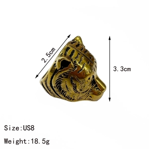 Retro stainless steel tiger head ring for men with detailed engraving and US8 size info